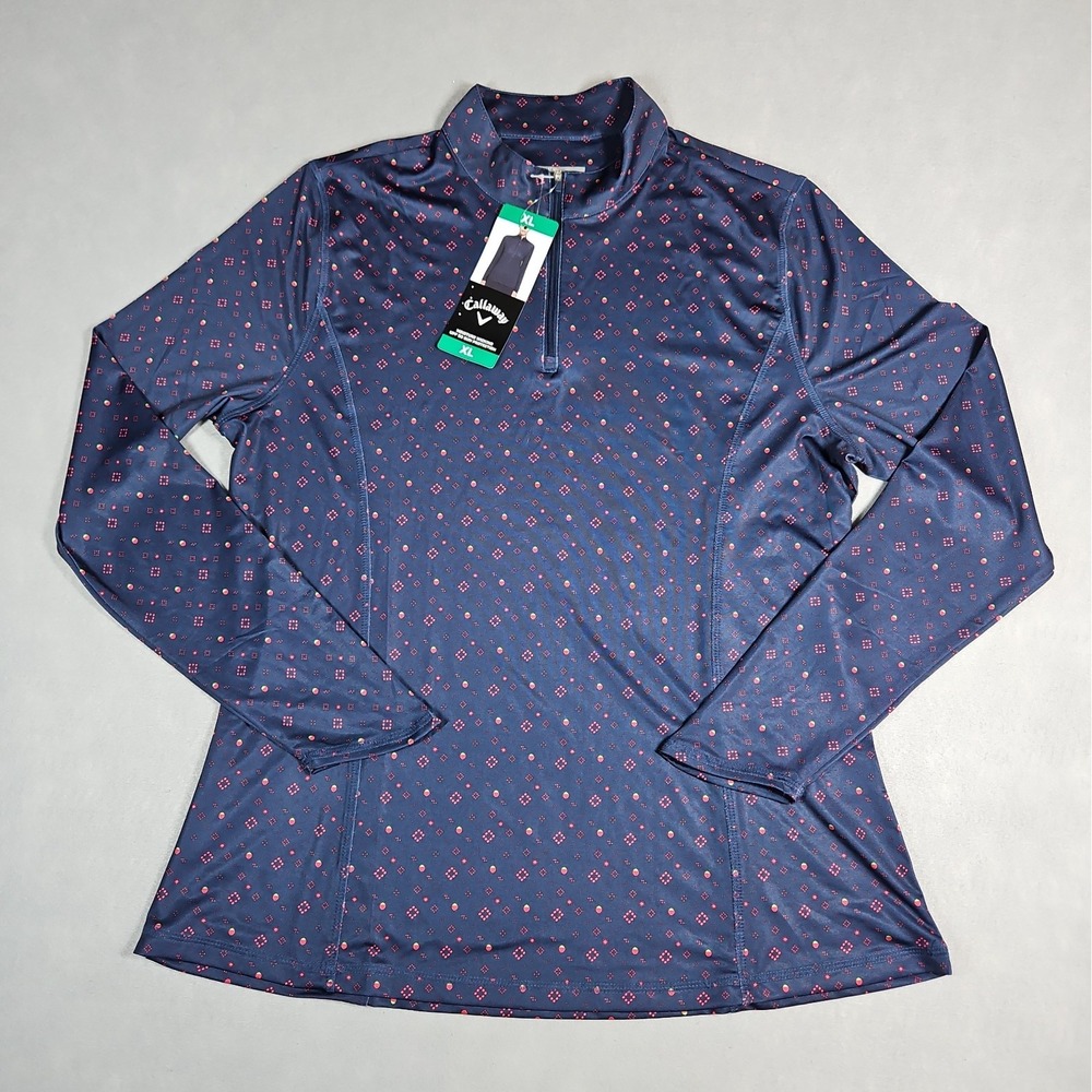 Callaway Womens Navy Blue Strawberry Print 1/4 Zip Golf Top Size XL NWT